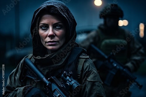 Portrait of a woman in a military uniform with a machine gun at night