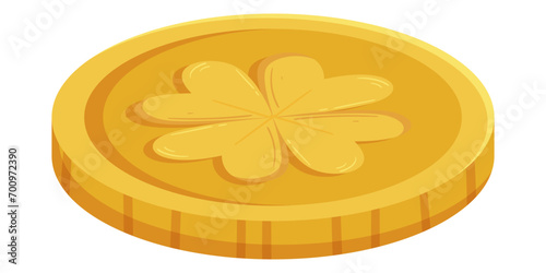 St. Patricks Day gold coin with four-leaves clover or shamrock
