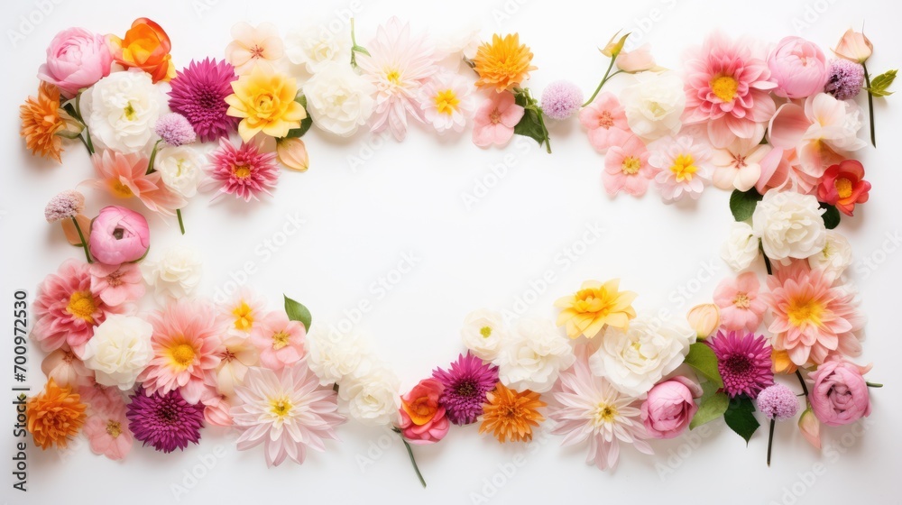 Flowers frame on white background top view. Flat layer, top view. Spring concept Flowers frame on white background top view. Flat layer, top view. Spring concept
