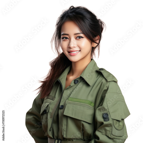 Asian woman in Paramilitary Forces uniform on transparent background