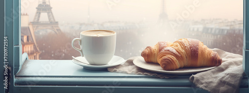delicious hot coffee and a croissant on the windowsill. outside the window is winter photo
