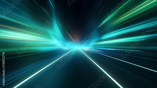 green light abstract background, data transfer, fast road, light speed, light arc