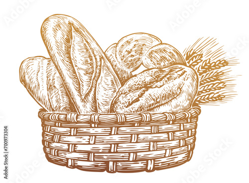 Wicker rustic basket full of baked fresh bread. Bakery food, breadstuff sketch vintage vector illustration