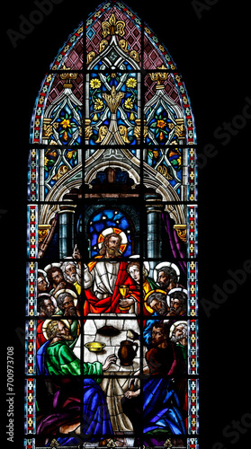 Basilica of the National Vow (Spanish: BasÃ­lica del Voto Nacional), Roman Catholic church located in the historic center of Quito, Ecuador. Stained glass depicting the Last Supper photo