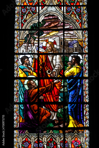 Basilica of the National Vow (Spanish: BasÃ­lica del Voto Nacional), Roman Catholic church located in the historic center of Quito, Ecuador. Stained glass depicting Jesus giving a key to Saint Peter photo