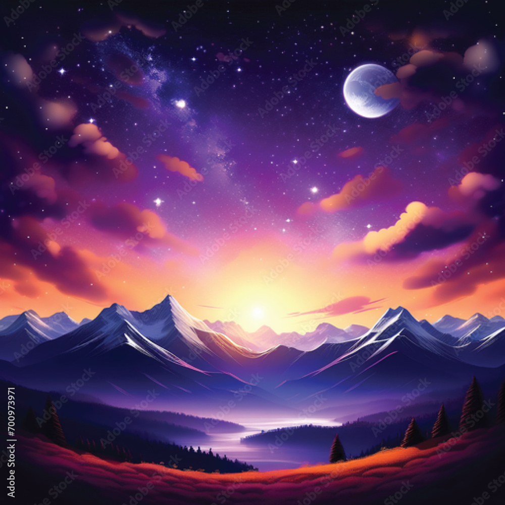 Ai generated a realistic illustration of mountains, in the middle of the night, with many sparkling stars, with bright moonlight, with black and purple colors