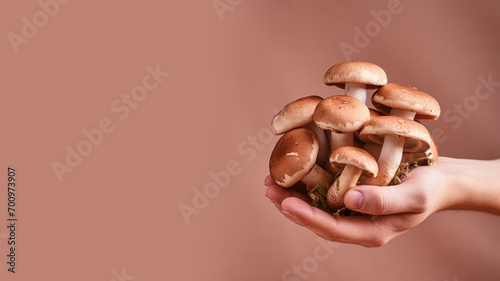 Hand holding mushroom vegetable isolated on pastel background