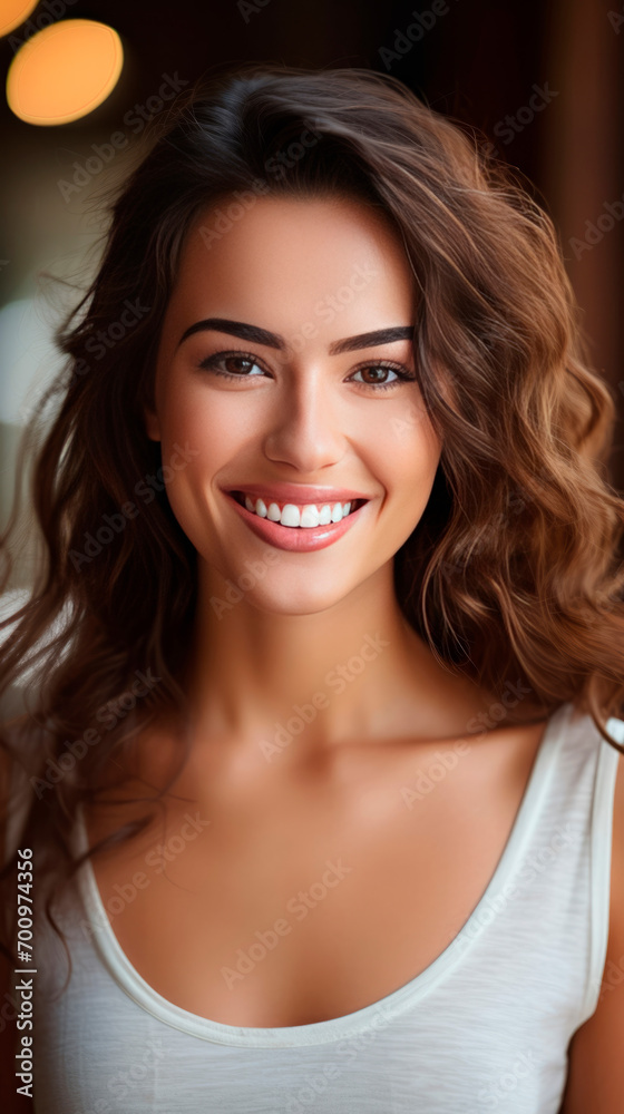 A vivacious young woman with a dazzling smile and wavy brunette hair looks directly at the viewer, her face glowing with health and happiness. Health and Beauty. Healthy lifestyle A vivacious young woman with a dazzling smile and wavy brunette hair looks directly at the viewer, her face glowing with health and happiness. Health and Beauty. Healthy lifestyle