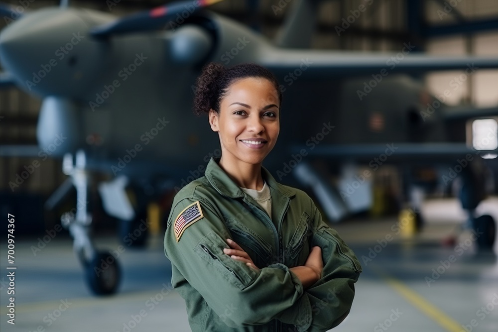 Portrait of a beautiful young African American female pilot standing with arms crossed Portrait of a beautiful young African American female pilot standing with arms crossed