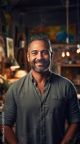 Bearded man with friendly smile, dressed in casual button-down shirt,stands in well-organized art studio, crossing his arms relaxed manner,advertising creative studios,profiles of professional artists