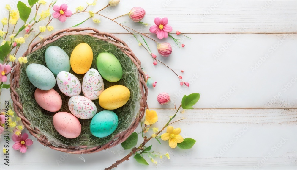 Easter Eggs Background with Decoration - Colorful Easter Eggs laid in Decorative Manners - Space for Copy 