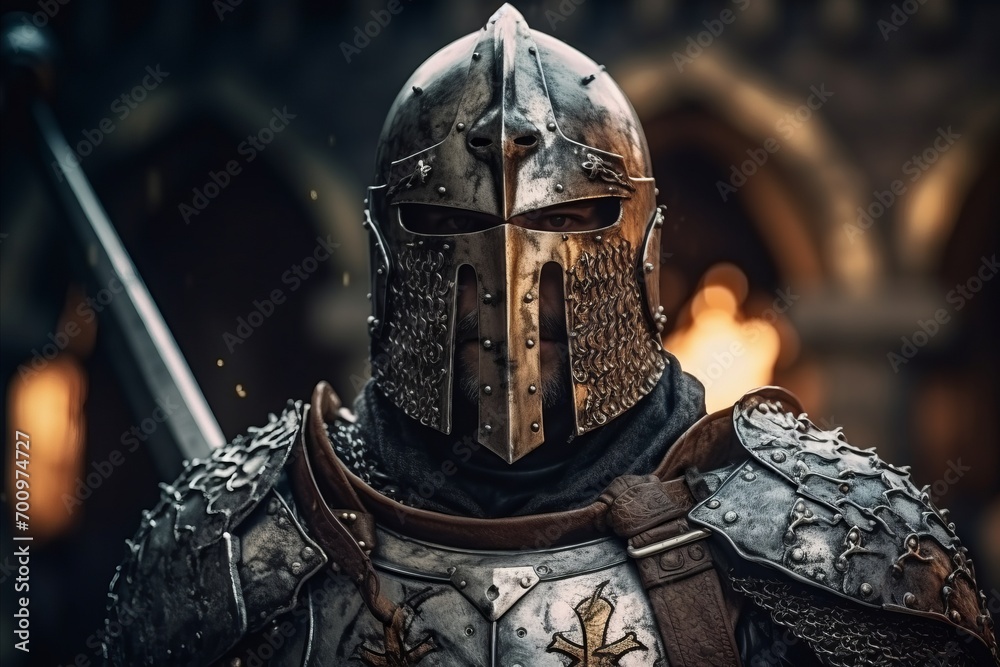 Knight in armor against the background of the medieval castle. Medieval scene. Knight in armor against the background of the medieval castle. Medieval scene.