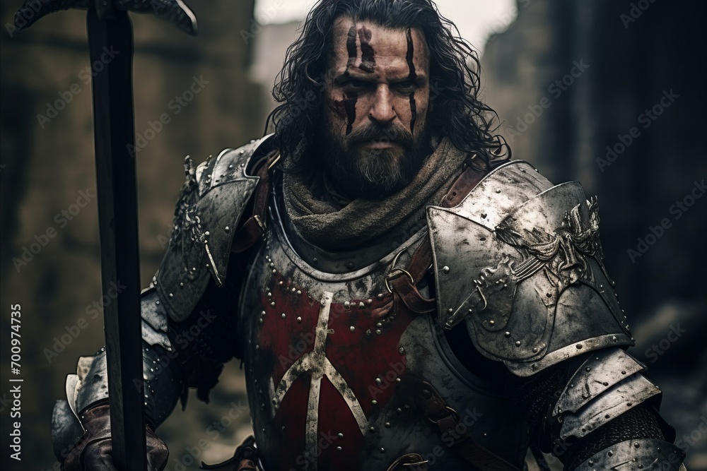 Medieval knight in armor with a sword on the ruins background. Medieval knight in armor with a sword on the ruins background.