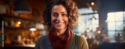 A woman with a beaming smile and curly hair stands in the cozy setting of an artisan cafe. She is wearing a warm sweater and scarf, suggesting comfortable, welcoming atmosphere. Lifestyle Blog. Banner © stateronz