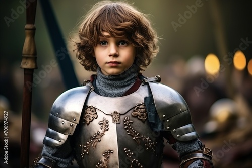 Portrait of a medieval knight in armor at the historical festival.