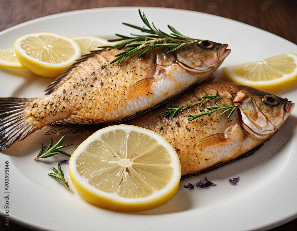 Grilled fish with lemon and rosemary, fresh seafood dish Grilled fish with lemon and rosemary, fresh seafood dish