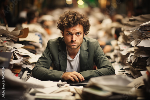 Overwhelmed businessman Surrounded by Mountains of Unorganized Documents, Papers, and Files in a Dimly Lit Office Space, Depicting Stress