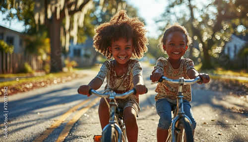 Happy African American children riding a bicycle on summer road. children riding his bicycle and his happy excited going to school. Kids having fun photo