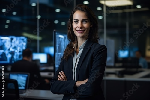 Portrait of a smiling businesswoman standing with arms crossed in office