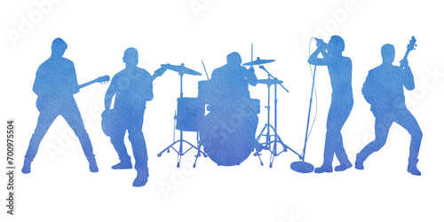 Watercolor silhouette musical group or rock band playing a concert on stage