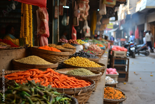 Baskets full with colourful spice and grains and vegetables in market in India. Stalls and products in the background. Asian or mexican food banners, advertisement. Copy space