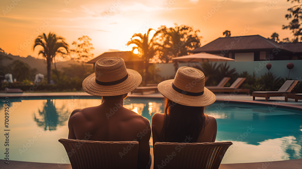 Obraz premium couples sitting near pool in luxuary villia near beach enjoying sunset or sunrise