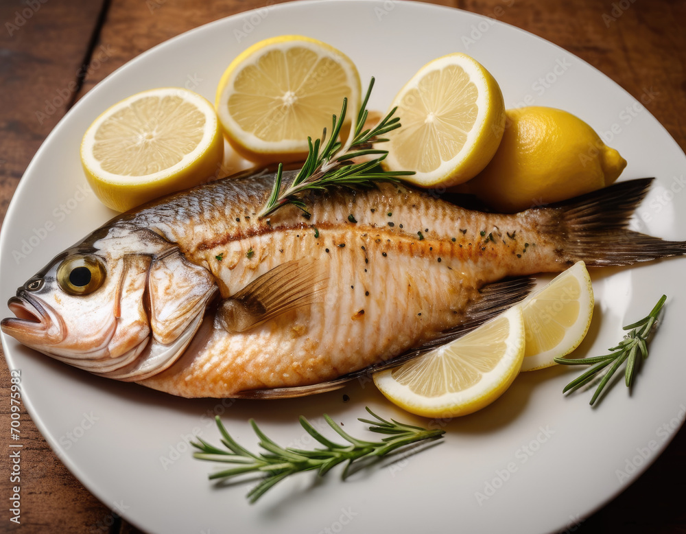 Grilled Fish with Lemon and Rosemary,grilled fish served on a white plate, garnished with fresh lemon slices and rosemary sprigs,Generative AI Grilled Fish with Lemon and Rosemary,grilled fish served on a white plate, garnished with fresh lemon slices and rosemary sprigs,Generative AI