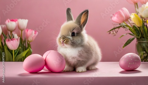 Easter Day - Cute Easter Bunny with Colorful Easter Eggs - Background with Space for Copy