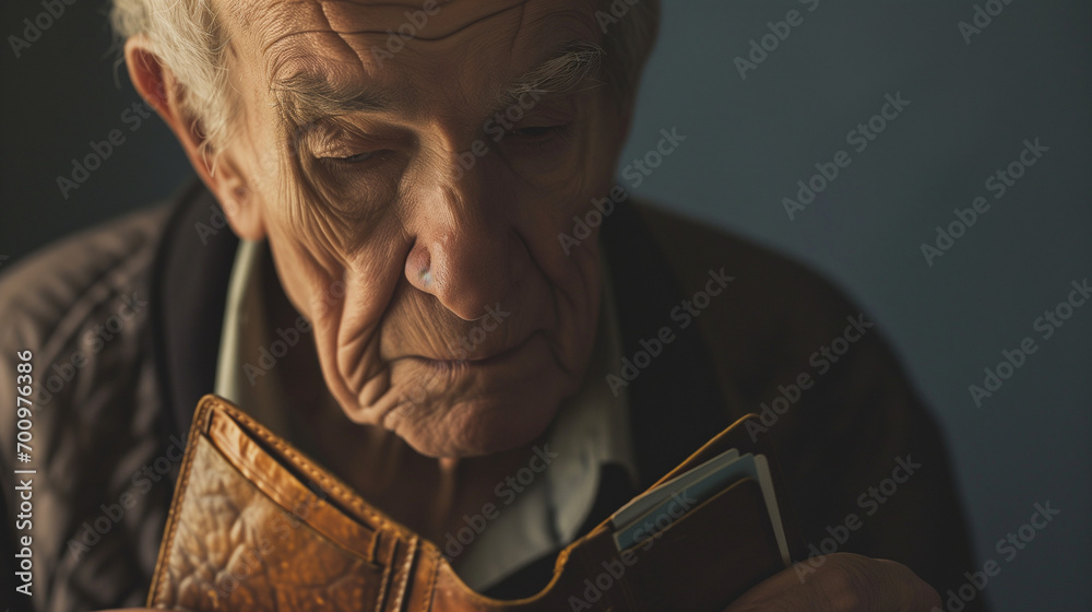 Elderly Man Grappling with Financial Reality: A Poignant Scene of an Empty Wallet, Symbolizing the Struggles of Retirement, Economic Hardship, and the Pressures Faced by Seniors in Today's Society - obrazy, fototapety, plakaty 