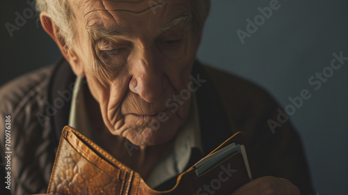 Elderly Man Grappling with Financial Reality: A Poignant Scene of an Empty Wallet, Symbolizing the Struggles of Retirement, Economic Hardship, and the Pressures Faced by Seniors in Today's Society photo