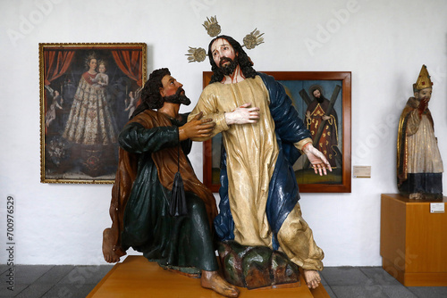 Fray Pedro Gocial museum in San Francisco's convent, Quito, Ecuador. 17th-century sculpture depicting the treason of Jesus by Judas photo