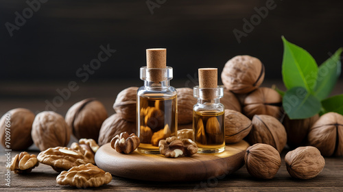 walnut oil in the glass bottle on wooden table