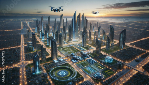 未来都市に飛行船やドローンが飛んでいるイメージ画像　SF画像