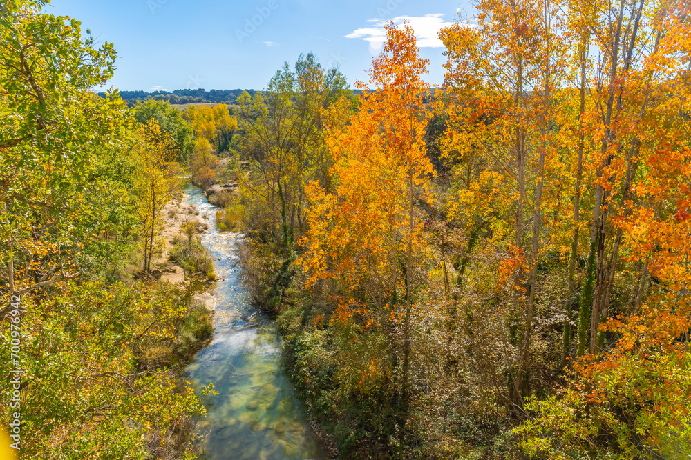 Colorful leaves on the Vero river in the town of Pozan de Vero in the Pyrenees, Huesca Colorful leaves on the Vero river in the town of Pozan de Vero in the Pyrenees, Huesca