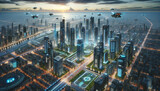 未来都市に飛行船が飛んでいるイメージ画像　SF画像