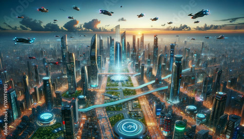 未来都市に飛行船が飛んでいるイメージ画像 SF画像