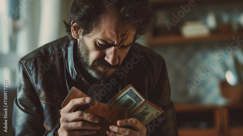 Elderly Man Grappling with Financial Reality: A Poignant Scene of an Empty Wallet, Symbolizing the Struggles of Retirement, Economic Hardship, and the Pressures Faced by Seniors in Today's Society photo