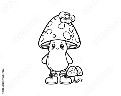 Cute Cartoon Character of mushroom for coloring book. outline line art. Printable Design. isolated white background