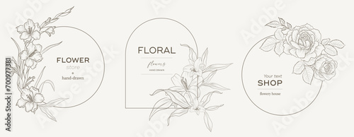 Set of vintage elegant floral logo for beauty, natural and organic products, cosmetics, spa and wellness, fashion. Vector illustrations Boho hand drawn line for graphic and web design, marketing mater © Nessa