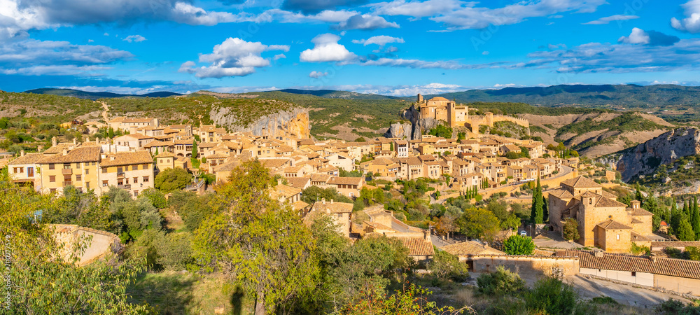 Panoramic of the mountain village in the Pyrenees called Alquezar, medieval town of Huesca, Spain