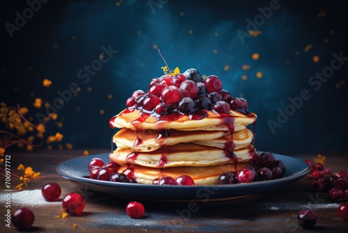 Pancakes with berries and maple syrup on a dark background. February: Shrove Tuesday 