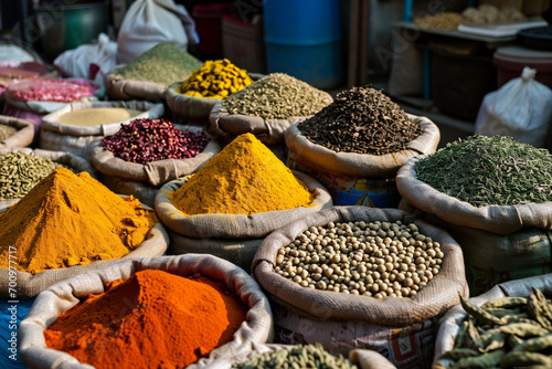 Bags with colourful spice in market in India. Close up baskets Packed with colorful Spices, grains, nuts and Herbs for Diverse Culinary Experiences. Copy space © Silga