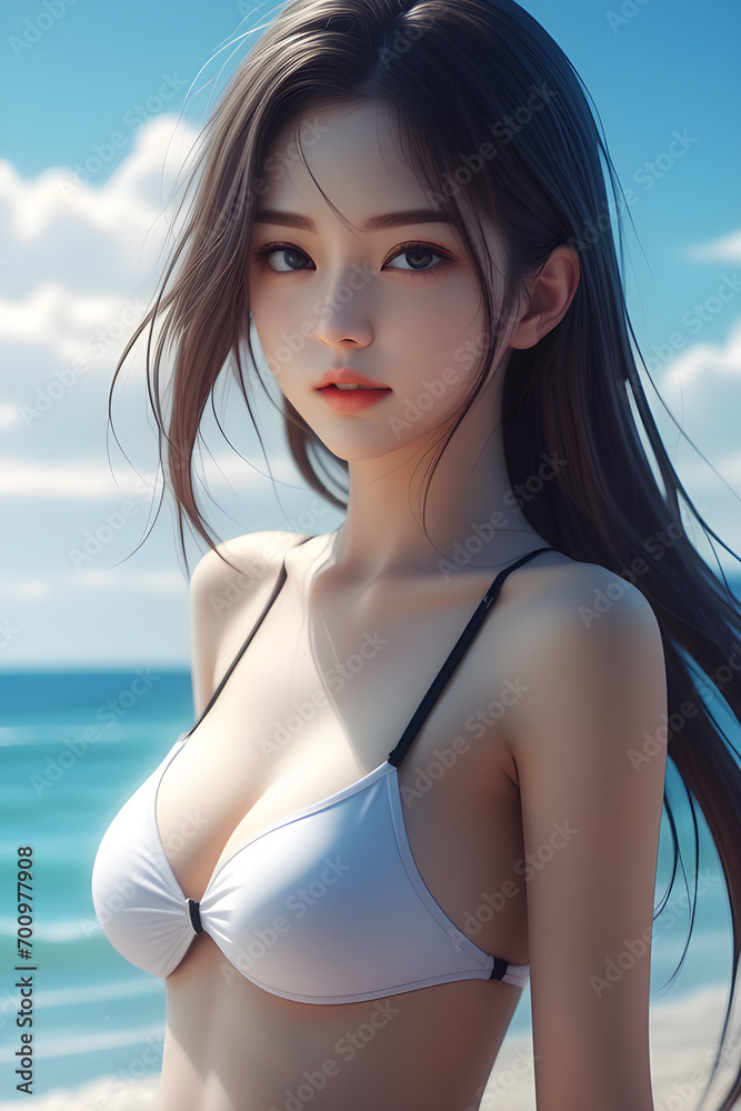 Beautiful anime style girl with long flowing hair, 3d render, wearing a two-piece swimsuit on the beach. ai generative Beautiful anime style girl with long flowing hair, 3d render, wearing a two-piece swimsuit on the beach. ai generative