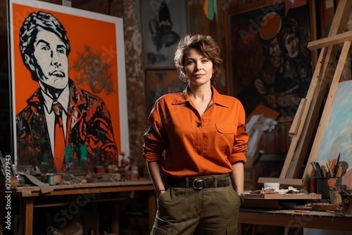 Portrait of a female artist in her studio. She is smiling and looking at the camera. © Nerea