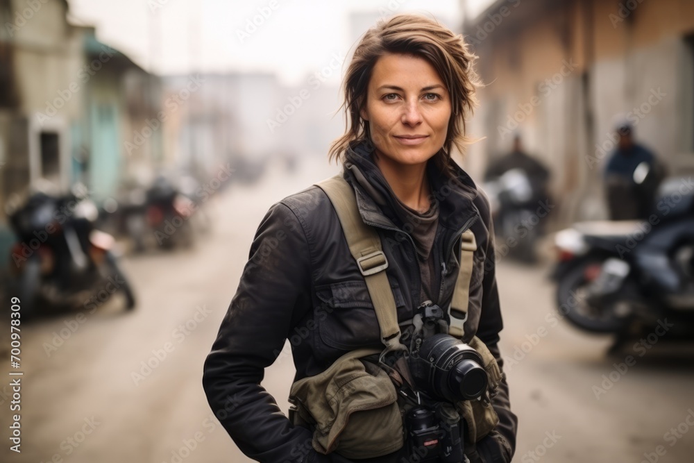 Portrait of a beautiful woman with a camera on the street. Portrait of a beautiful woman with a camera on the street.
