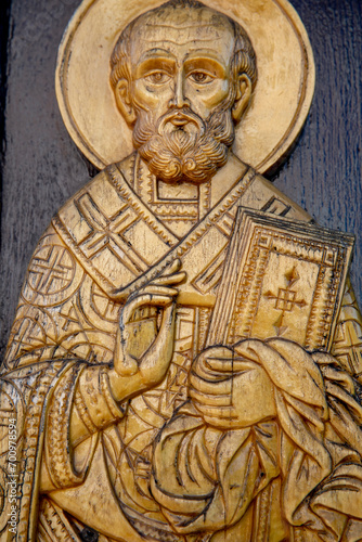 Saint Nikolai Chudotvorets relief in the courtyard of Saint George's Russian orthodox church in Chisinau, Moldova photo