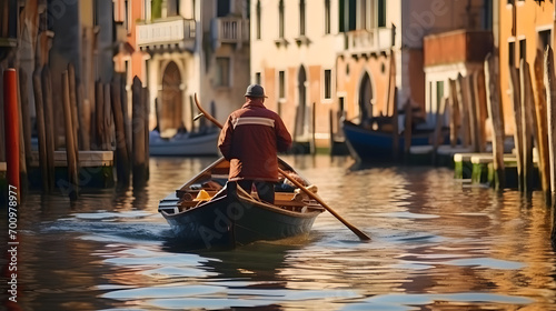 Foto Venetian gondolier in traditional striped shirt rowing through the canals of Venice