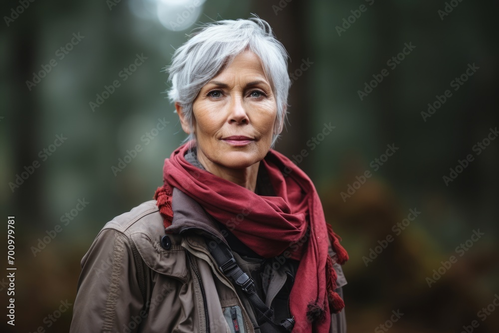 Portrait of a beautiful senior woman in the autumn forest. Selective focus.