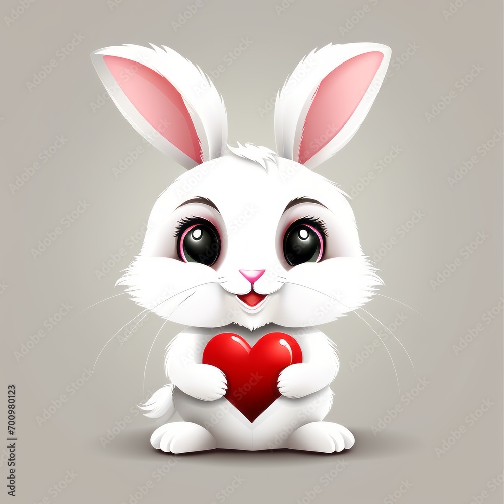 Fototapeta premium Cute white rabbit with red heart on gray background. Cartoon style. Generative AI.