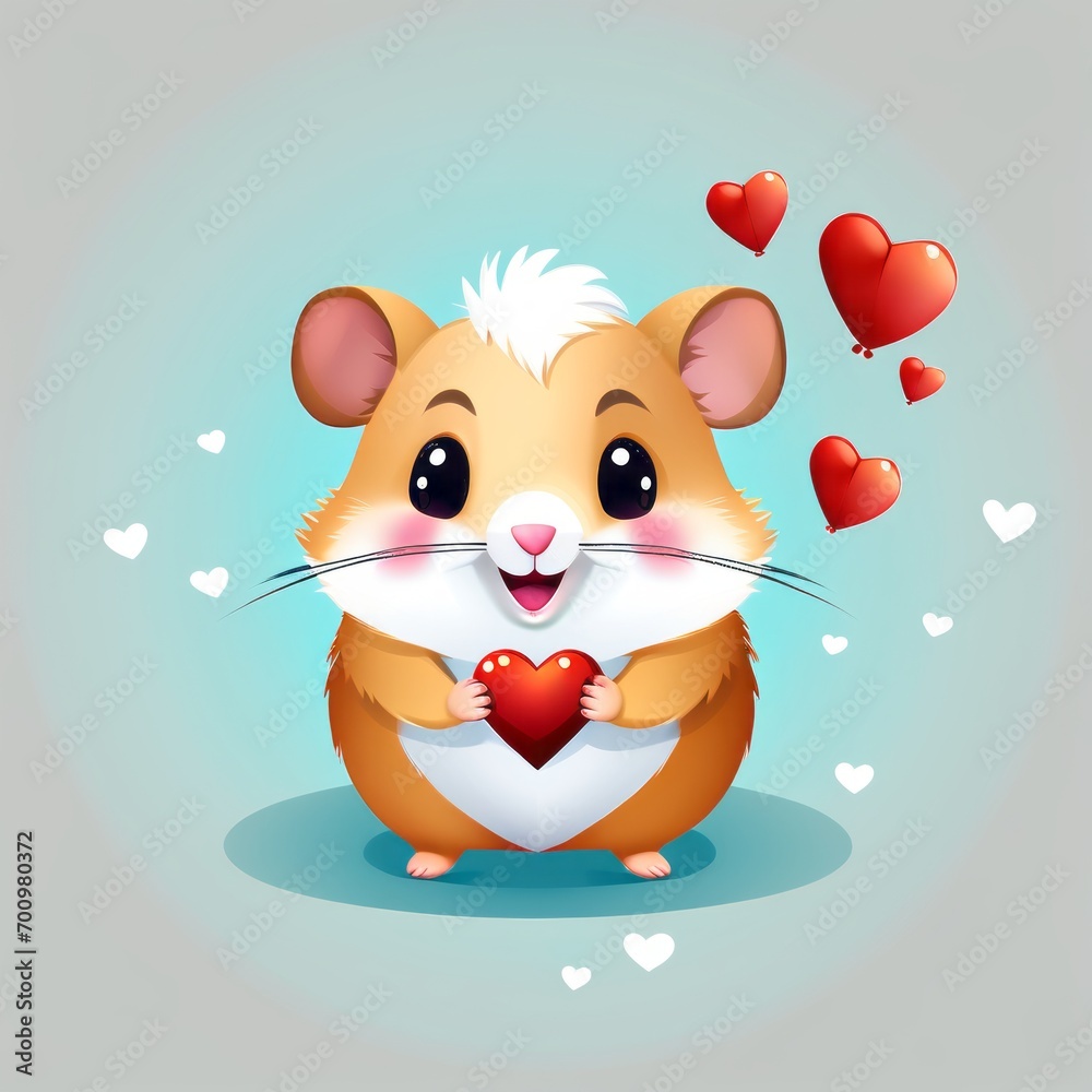Fototapeta premium Cute hamster holding a heart. Cartoon style. Generative AI.